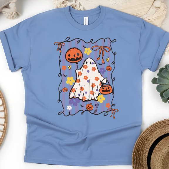 Pastel Halloween Ghost and Pumpkin Shirt with Flowers and Bows, CarolinaBlue, Size L