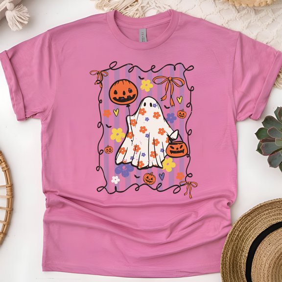 Pastel Halloween Ghost and Pumpkin Shirt with Flowers and Bows, Heliconia, Size S