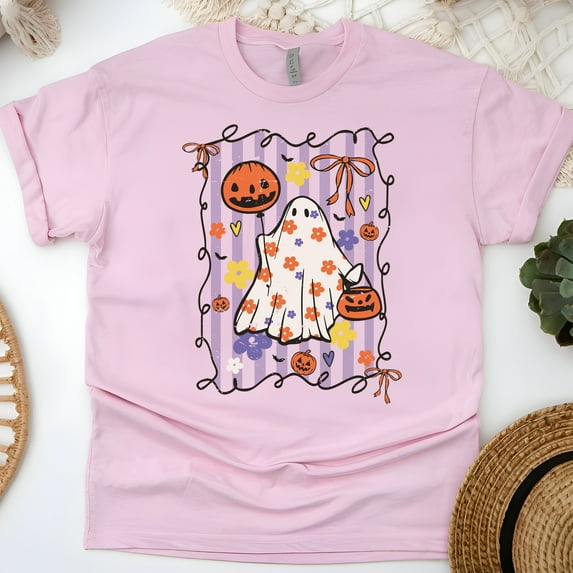 Pastel Halloween Ghost and Pumpkin Shirt with Flowers and Bows, Light Pink, Size XL