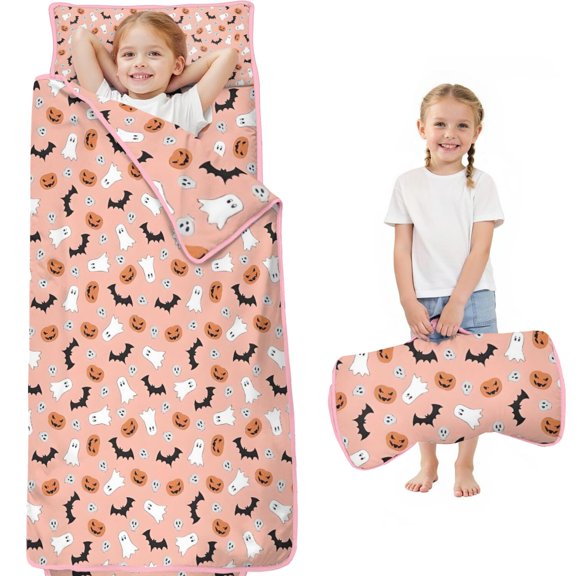 Pastel Halloween Ghosts Pattern Toddler Nap Mats for Kids Preschool,60"x20" Sleeping Mat Bag or Kids,Toddler Sleeping Bag,Toddler Nap Mat or Daycare