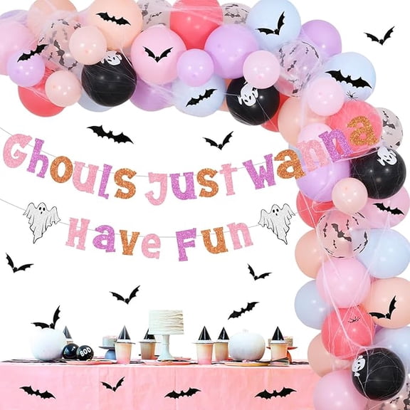 Pastel Halloween Party Decorations - Balloon Garland Arch Kit with Ghouls Just Wanna Have Fun Banner, Bat Stickers, Spider Web for Bachelorette Birthday Party Supplies