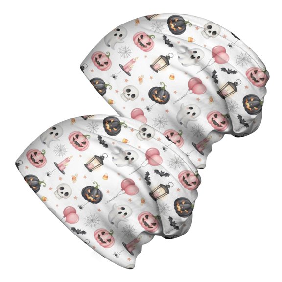 Pastel Halloween Pattern 2 Pack Slouchy Beanie Hat, Outdoor Running Hat with Stretchy Fabric & Soft Texture, Stretchy Polyester Gifts for Daily Home Outdoor