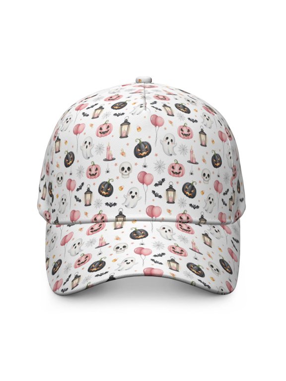 Pastel Halloween Pattern Baseball Cap, Outdoor Travel Cap with Snap Closure & Sweatband, Breathable Eyelets Gifts for Unisex Men Women