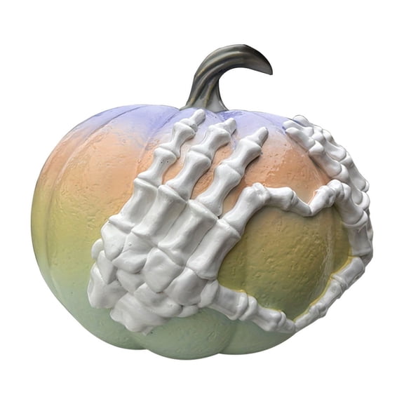 Pastel Halloween Pumpkin Skeleton Hands Decor Resin Statue, Colorful Gothic Pumpkin Sculpture with Skeleton Heart Design for Shelf Mantel Tabletop Halloween Home Decorations