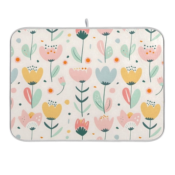 Pastel Hand Drawn Flower Dish Drying Mat 16x18 Absorbent Microfiber Draining Rack Pad for Kitchen Counter Sink