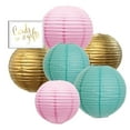 thumbnail image 1 of Pastel Hanging Paper Lanterns Kit, 6ct with Party Sign (Blush Pink, DIamond Blue, Gold), 1 of 4