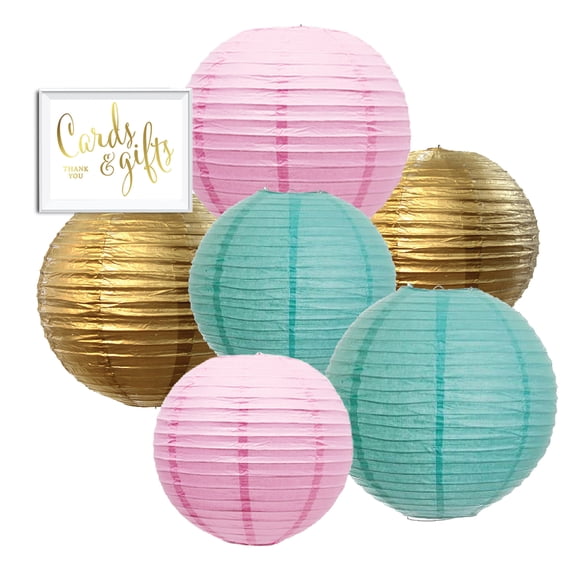 Pastel Hanging Paper Lanterns Kit, 6ct with Party Sign (Blush Pink, DIamond Blue, Gold)
