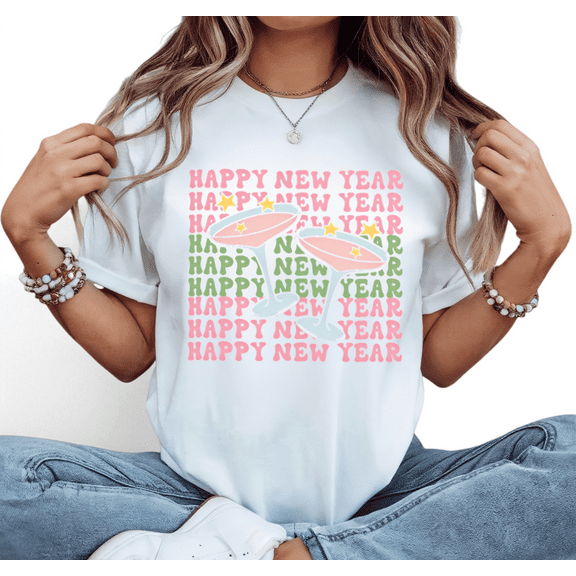 Pastel Happy New Year Drink Print Tshirt Graphic Tees Shirts White Color S-5XL New Year Celebration Tops