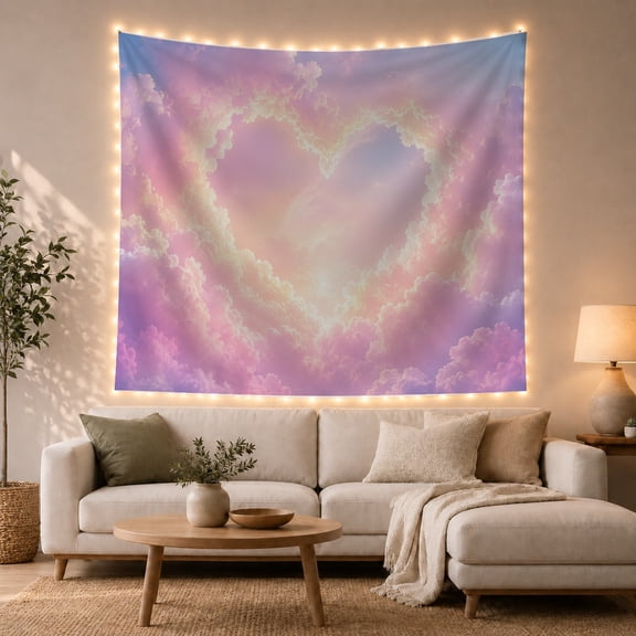Pastel Heart Shape in Soft Clouds, Dreamy Celestial for Nature Lovers, Romantic Wall Art Decor, Valentine's Day Gift Tapestry Wall Hanging for Teen Room and Dorm