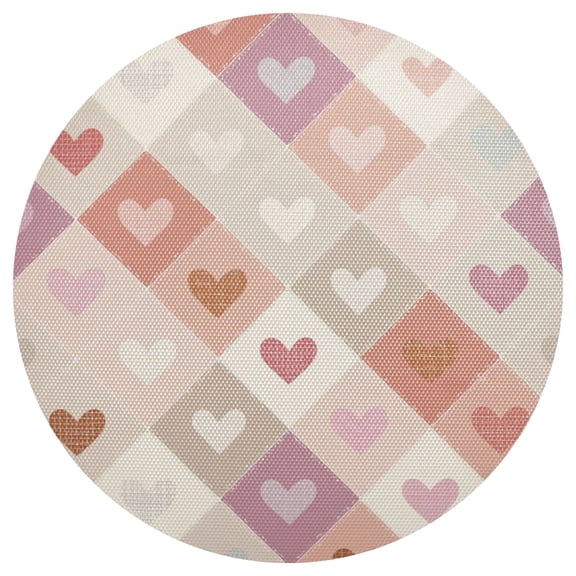 Pastel Hearts in Diagonal Checkerboard Valentine PVC Round Grid Placemat Table Mat 1 Pc 15.4" x 15.4"