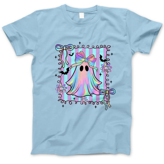 Pastel Holographic Ghost Halloween T-Shirt, Cute Kawaii Bow Ghost Tee, Aesthetic Spooky Graphic Shirt, Soft Gothic Pastelcore Top