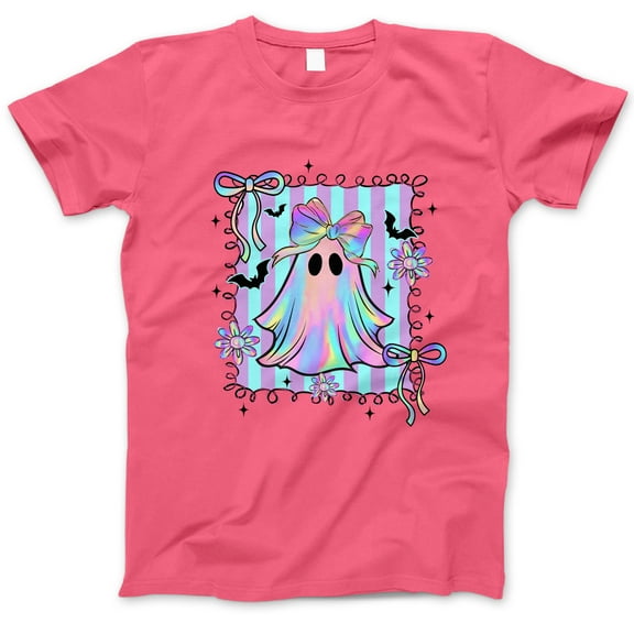 Pastel Holographic Ghost Halloween T-Shirt, Cute Kawaii Bow Ghost Tee, Aesthetic Spooky Graphic Shirt, Soft Gothic Pastelcore Top