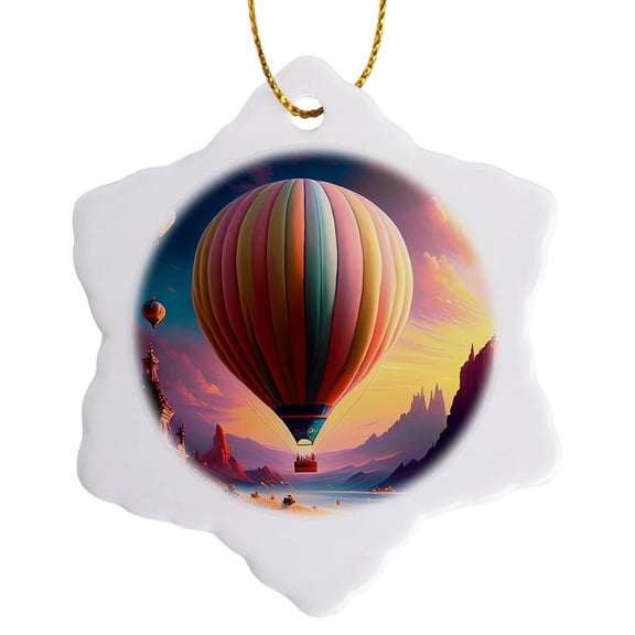 3drose, Pastel Hot Air Balloon Scene, 3 inch Snowflake Porcelain Ornament