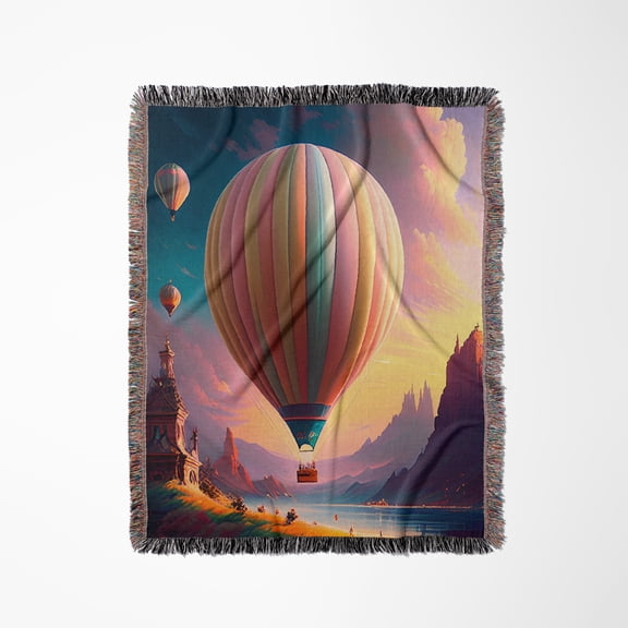 Pastel Hot Air Balloon Scene, Woven Blanket