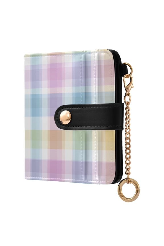 Pastel Hues Checkered Pattern Women's Wallet PU Leather Card Cases RFID Blocking Purse Billfold with Key Ring