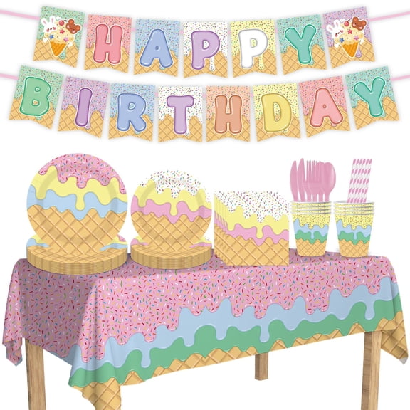 Pastel Ice Cream Happy Birthday Party Tableware & Decor Set - Serves 10, Includes 7/9 Inch Plates, Cups, Napkins, Cutlery, Straws, Banner & Tablecloth, Perfect for Kids Sweet Themed Birthdays