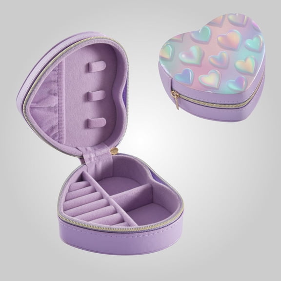 Pastel Iridescent Heart Pattern Valentine PU Leather Heart-shaped Jewelry Box Jewel Cases with Zipper Storage Organizers Purple
