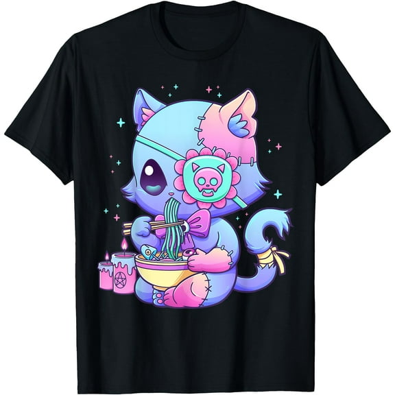 Pastel Kawaii Cat Eating Ramen Noodles Unisex T-Shirt for Men Women Kids Toddler,Black Color,Size YS