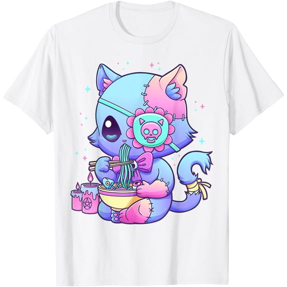 Pastel Kawaii Cat Eating Ramen Noodles Unisex T-Shirt for Men Women Kids Toddler