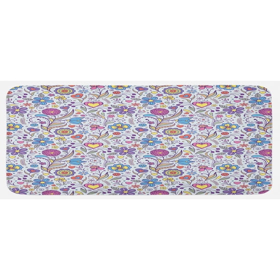 Pastel Kitchen Mat, Peonies Daisies Tulips Colorful Doodle Style Botanical Garden with Heart Shapes, Plush Decorative Kitchen Mat with Non Slip Backing, 47" X 19", Multicolor, by Ambesonne