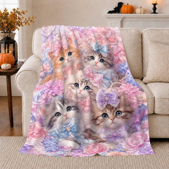 Pastel Kitty Collage Floral Cat, Peaceful Pet Portrait Pattern, Warm Flannel Blanket for Living Room and Reading Nook, Cat Lovers Friendship Gift, Pet Lover Home Decor