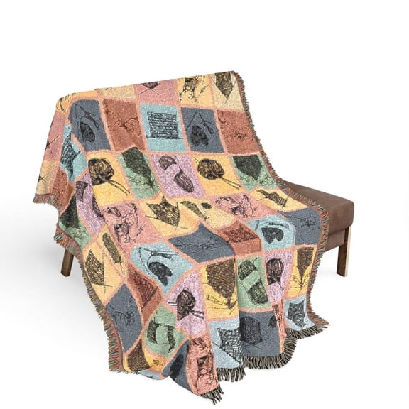 Pastel Knitting Patchwork Woven Blanket, 100% Cotton, Craft-Themed Decor with Fringed Edges