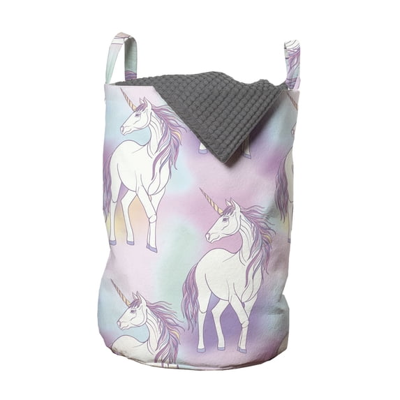 Pastel Laundry Bag, Childish Theme Colorful Concept Along Fairy Unicorns Images in Cartoon Style, Hamper Basket with Handles Drawstring Closure for Laundromats, 13" x 19", Multicolor, by Ambesonne