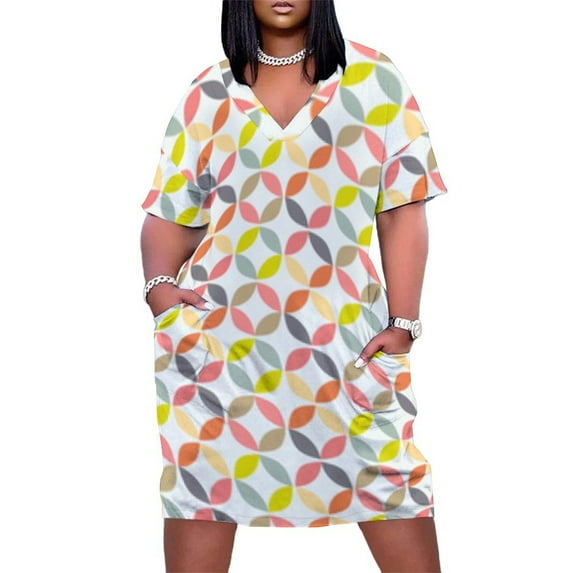 Pastel Leaf Pattern Repeating Design Women's Loose Short Sleeve Dress Casual Summer Plus Size Long Dresses with Pockets