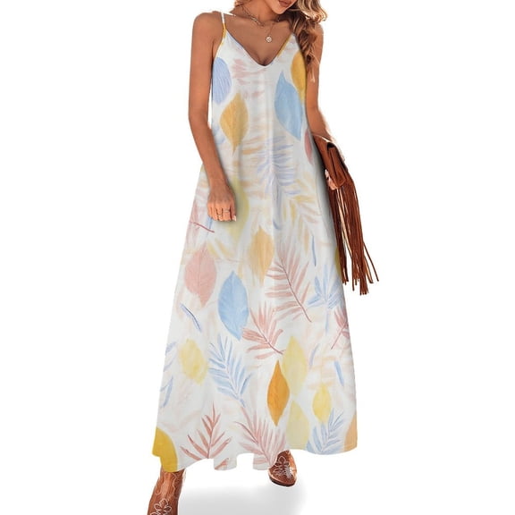 Pastel Leaves Tropical Floral Pattern Sleeveless Dress Loose Women's Dress Dresses Luxury Evening Dresses