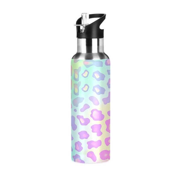 Pastel Leopard Neon Stainless Steel Water Bottle with Straw Lid Bottles Hot Cold 20 oz for School Gym