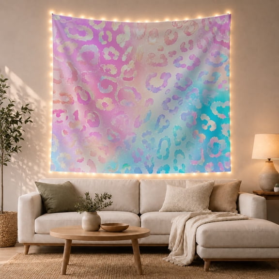 Pastel Leopard Rosettes on a Gradient Pink to Turquoise Background Whimsical Watercolor for Animal Lovers, Dreamy Safari Wall Art Birthday Gift, Tapestry Wall Hanging for Bedroom and Dorm Room