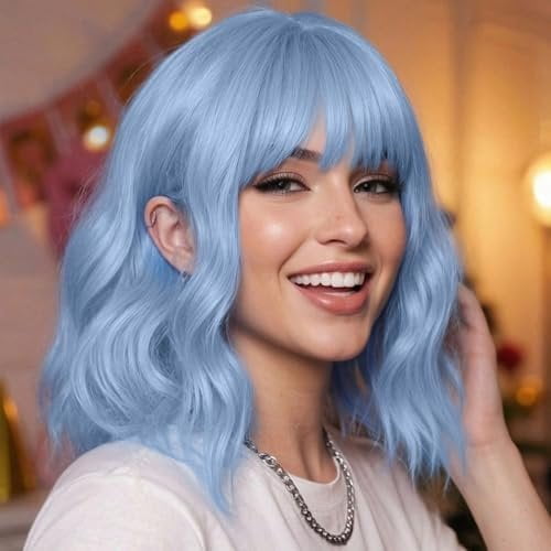 Pastel Light Blue Bob Wigs with Bangs for Women Loose Wavy Wig 12 Inch Length Bob Synthetic Wig for Girls Colorfed Costume Wigs (Light Blue)