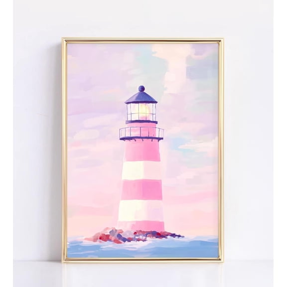 Pastel Lighthouse Art, Pink And White Striped Lighthouse Coastal Poster, Maine Beach House Wall Decor, Summer Seaside, Coastal Poster, 24x36 UNFRAMED