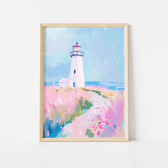 Pastel Lighthouse Poster, Coastal Path Wall Art Print, Soft Ocean Landscape , Seaside Light Tower Beach Decor Unframed Paper Print