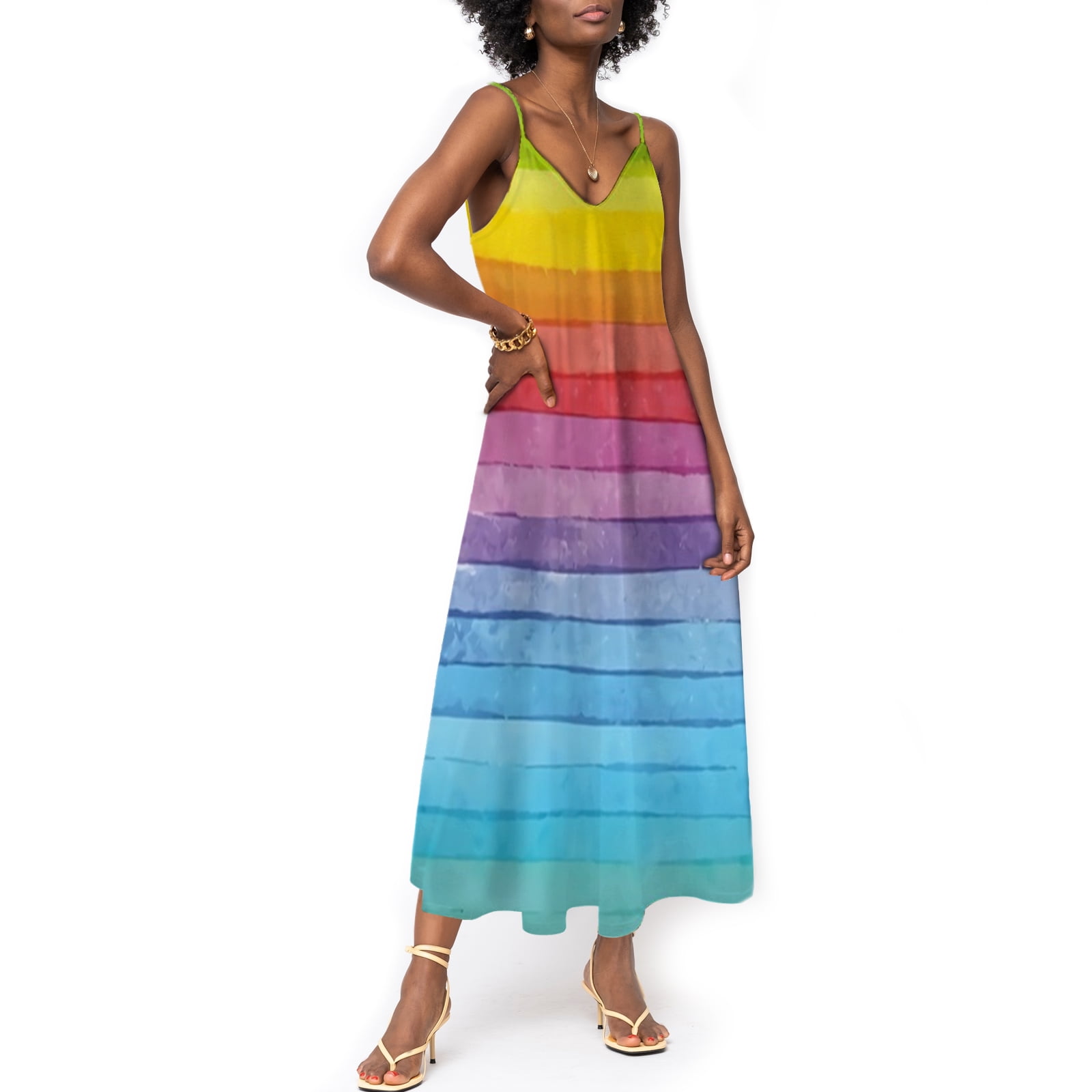 Pastel Lines Women s Maxi Dress Rainbow Pastel Lines Sleeveless Spaghetti Strap Beach Long Maxi Dress Rainbow Color XL