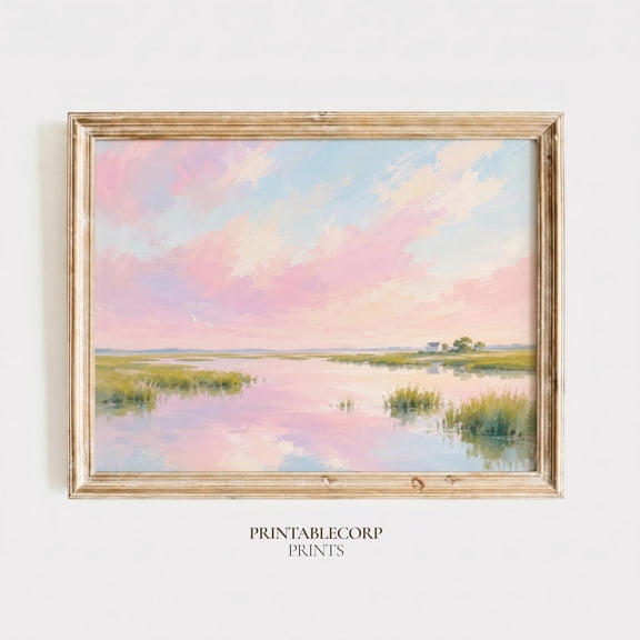 Pastel Marsh Print Lowcountry Coastal Landscape Soft Pink Sky Beach House Wall Art Southern Aesthetic