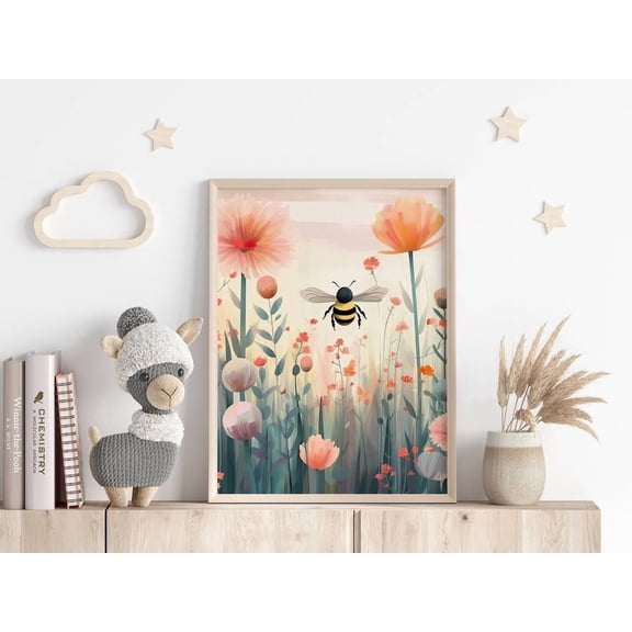 Pastel Meadow Bee Poster with Modern Nature Home Decor Unframed Paper Print