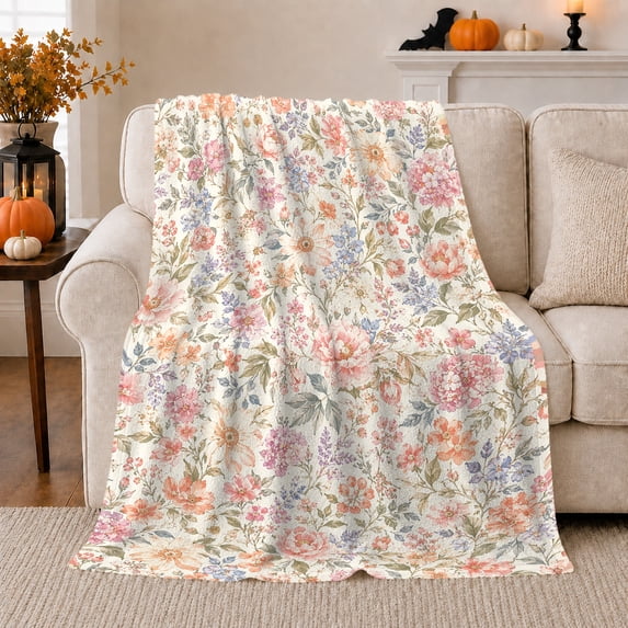 Pastel Meadow Flowers on Cream Background, Soft Botanical Style for Flower Lovers, Vintage Garden Pattern and Birthday Gift, Soft Flannel Blanket for Bedroom, Home Decor