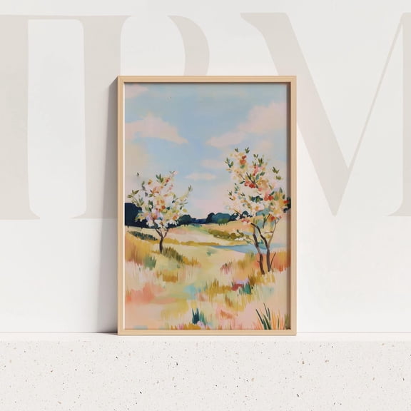 Pastel Meadow Landscape Art Print, Flowering Trees, Summer Countryside Home Decor #662, Stretched Canvas Size 8x12