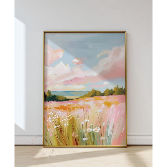 Pastel Meadow Landscape Print, Soft Pink Field Wall Art Home Decor #2325, Unframed Poster Size 12x18