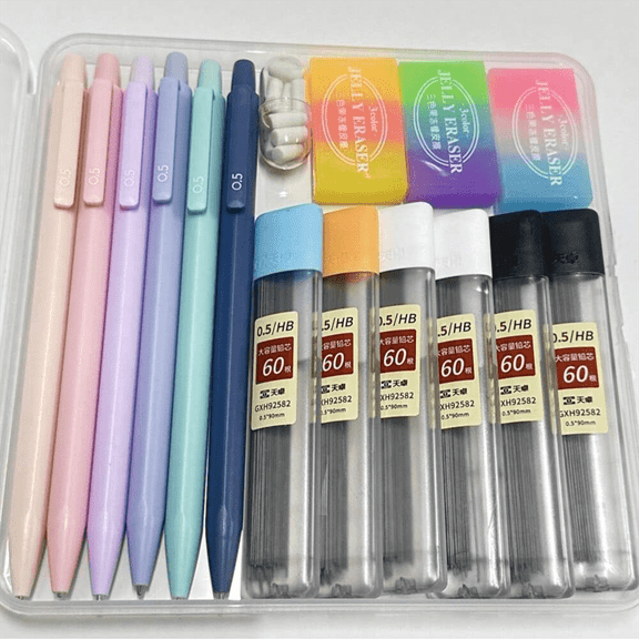 Pastel Mechanical Pencil and Refill Set - 6PCS Mechanical Pencils 0.5/0.7mm, 6 HB Lead Tubes, 3 Jelly Erasers, Aesthetic Stationery Kit for Students Adults, Birthday Halloween Christmas Gifts