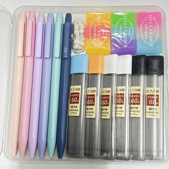 Pastel Mechanical Pencil and Refill Set - 6PCS Mechanical Pencils 0.5/0.7mm, 6 HB Lead Tubes, 3 Jelly Erasers, Aesthetic Stationery Kit for Students Adults, Birthday Halloween Christmas Gifts