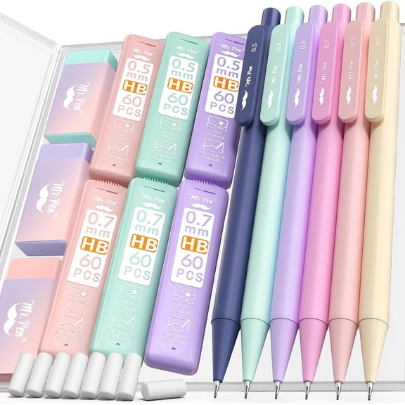 Pastel Mechanical Pencil Set with Lead Refills & Erasers, 6 Pack, 2 Sizes, 0.5 0.7mm, Aesthetic Pencils