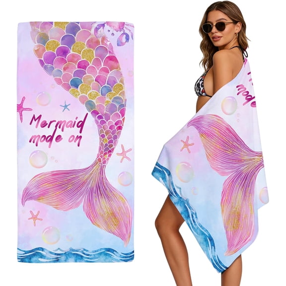 Pastel Mermaid Tail Microfiber Beach Towel Oversized Quick-Dry Sandless Lightweight Absorbent Pool Yoga Cruise Camping Travel Bath Wrap 36x71 Inch
