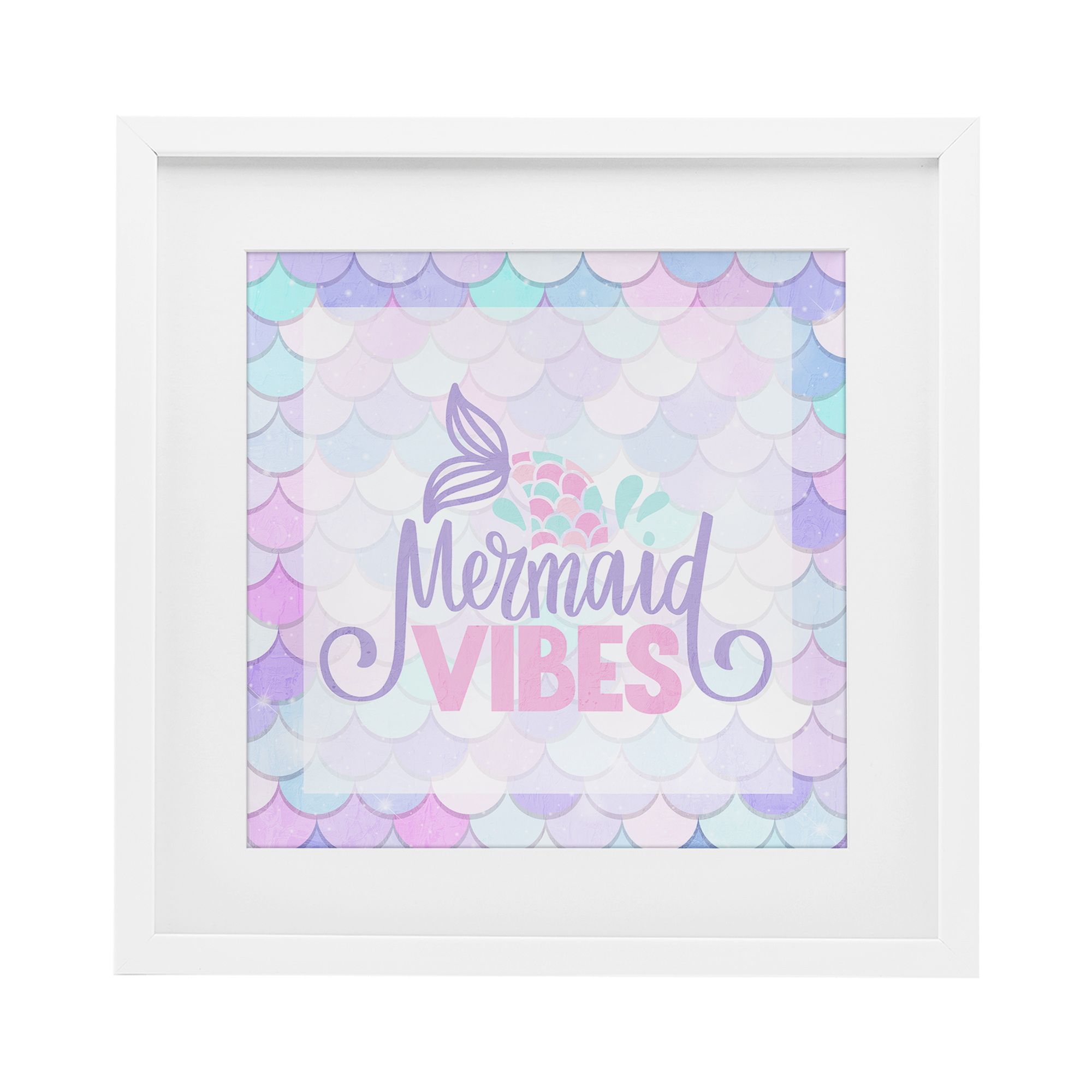 Pastel Mermaid Vibes White Framed Print Under Glass, design by Kim Allen