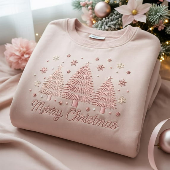 Pastel Merry Christmas Embroidered Sweatshirt | Cozy Holiday Winter Pullover