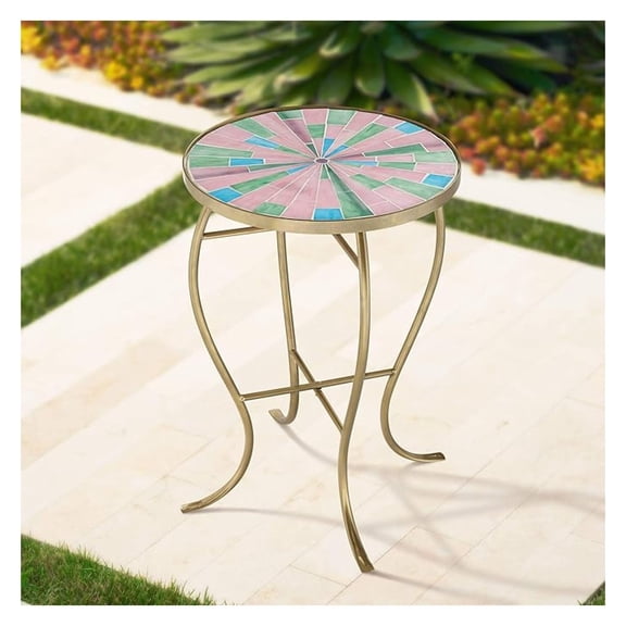 Pastel Modern Metal Round Outdoor Accent Side Table 14 1/4" Wide Pink Green Hand-Crafted Mosaic Glass Tile Gracefully Curved Legs for Porch Patio House Balcony