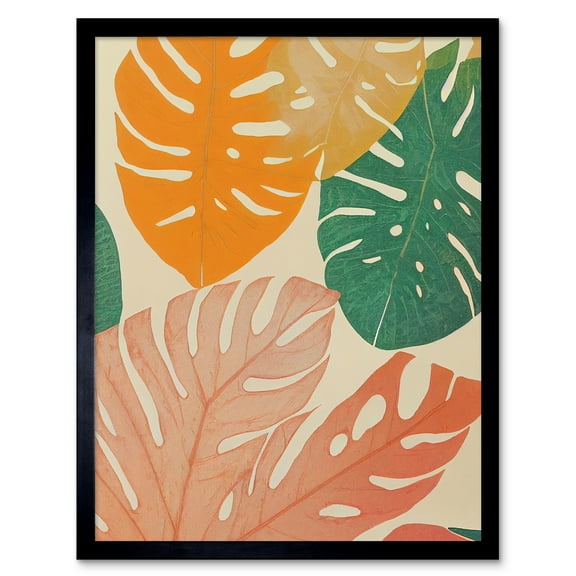 Pastel Monstera Leaves Botanical Art Print Framed Poster Wall Decor 12x16 inch
