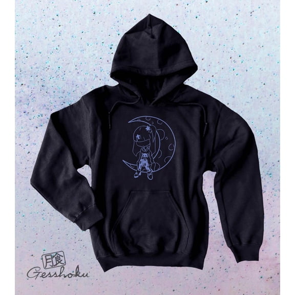 Pastel Moon Kawaii Pullover Hoodie, Anime Girl & Crescent Moon, Cute Graphic Hoodie