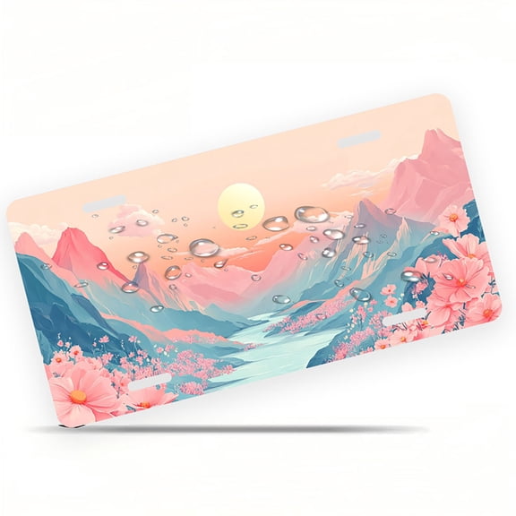 Pastel Mountain and Flower Landscape Funny Personalized License Plate Rust-proof Stainless Steel Metal License Plate Suitable For Men And Women 12.2" x 6.2"